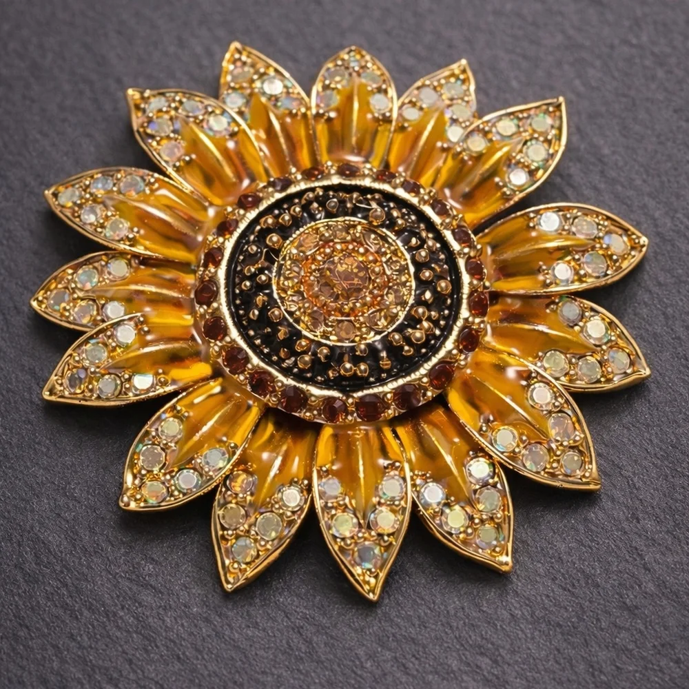 Old Money Cottagecore Sunflower Rhinestone Gold Tone Statement‎ Brooch